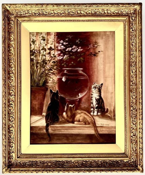 Oil on Canvas of Cats Watching a Goldfish Bowl dated 1919