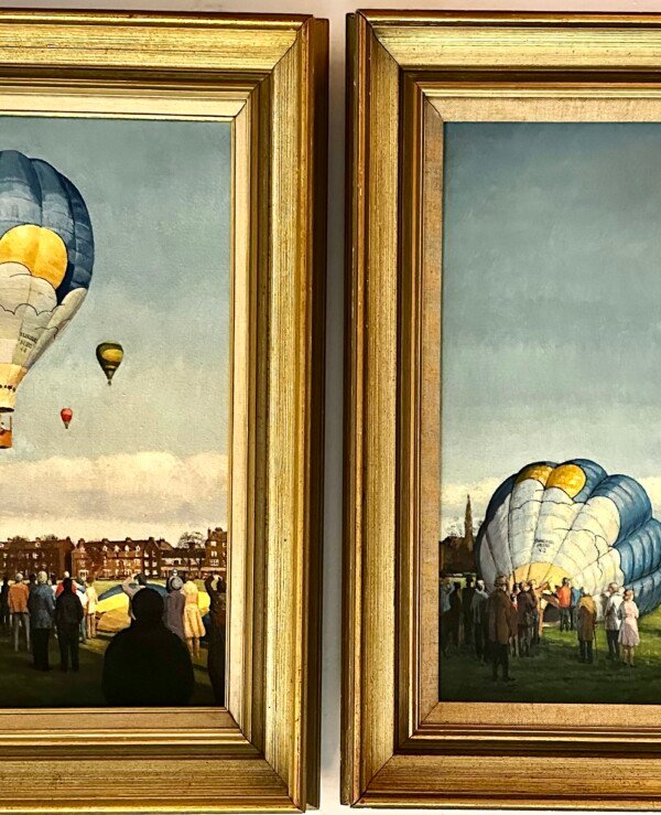 Hot Air Balloons - a Pair of oils on board by John Rowbottom