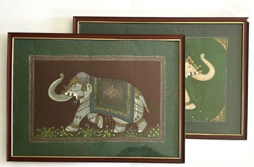Pair of Anglo Indian Framed Silk Paintings of Elephants