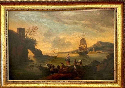 18th Century Dutch Oil on Canvas Depicting a Harbour Scene