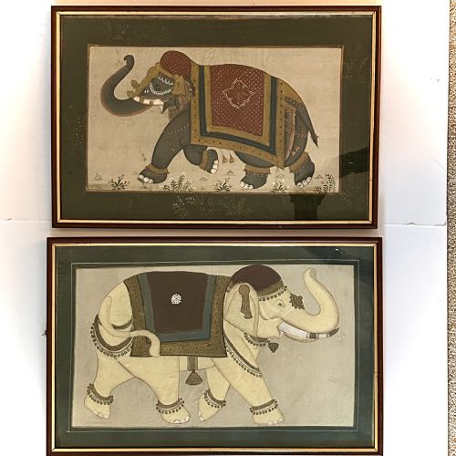 Pair of Oil Paintings on Silk of Elephants