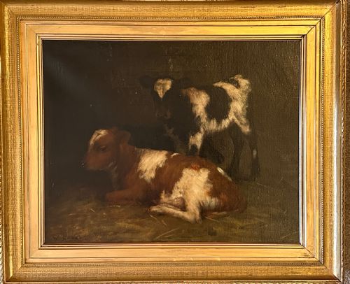 Oil on Canvas by William Barr (1867-1933). Calves in a Barn
