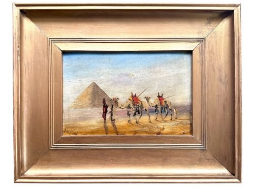 Grand Tour Oil Painting of Camels and Pyramid in the Desert