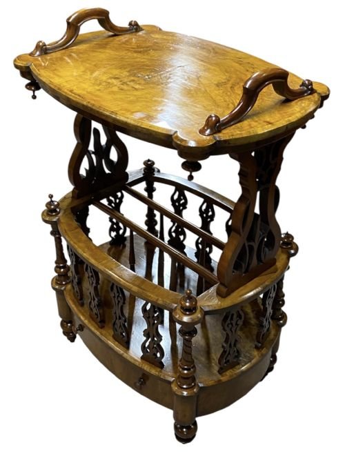 Walnut Canterbury, Ornate with Carved Frame Supports, Work Top and Drawer, ca 1860