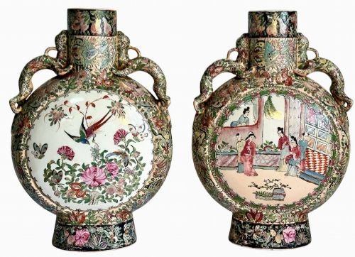 Pair of Chinese Famille Rose Moon Flasks