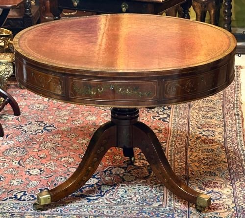Mahogany Drum Table, Hand Decorated, Sheraton Period