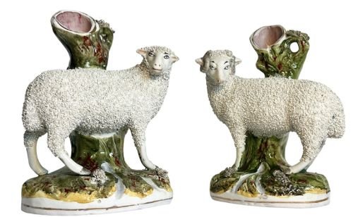 Pair of Staffordshire Sheep Spill Vases.